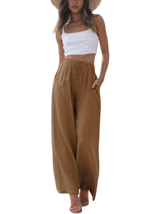 Pants - Women's Brown High Rise Flowy Wide Beach Trousers with Pockets Palazzo Pants